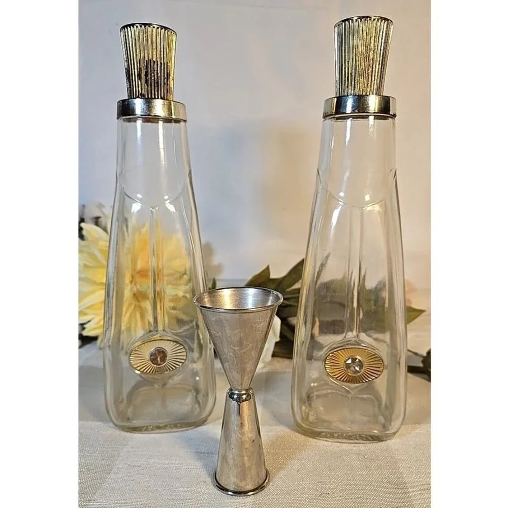 RARE 1956 Seagrams Glass Bar Decanter Bottle MCM Gold Starburst x2 Set
